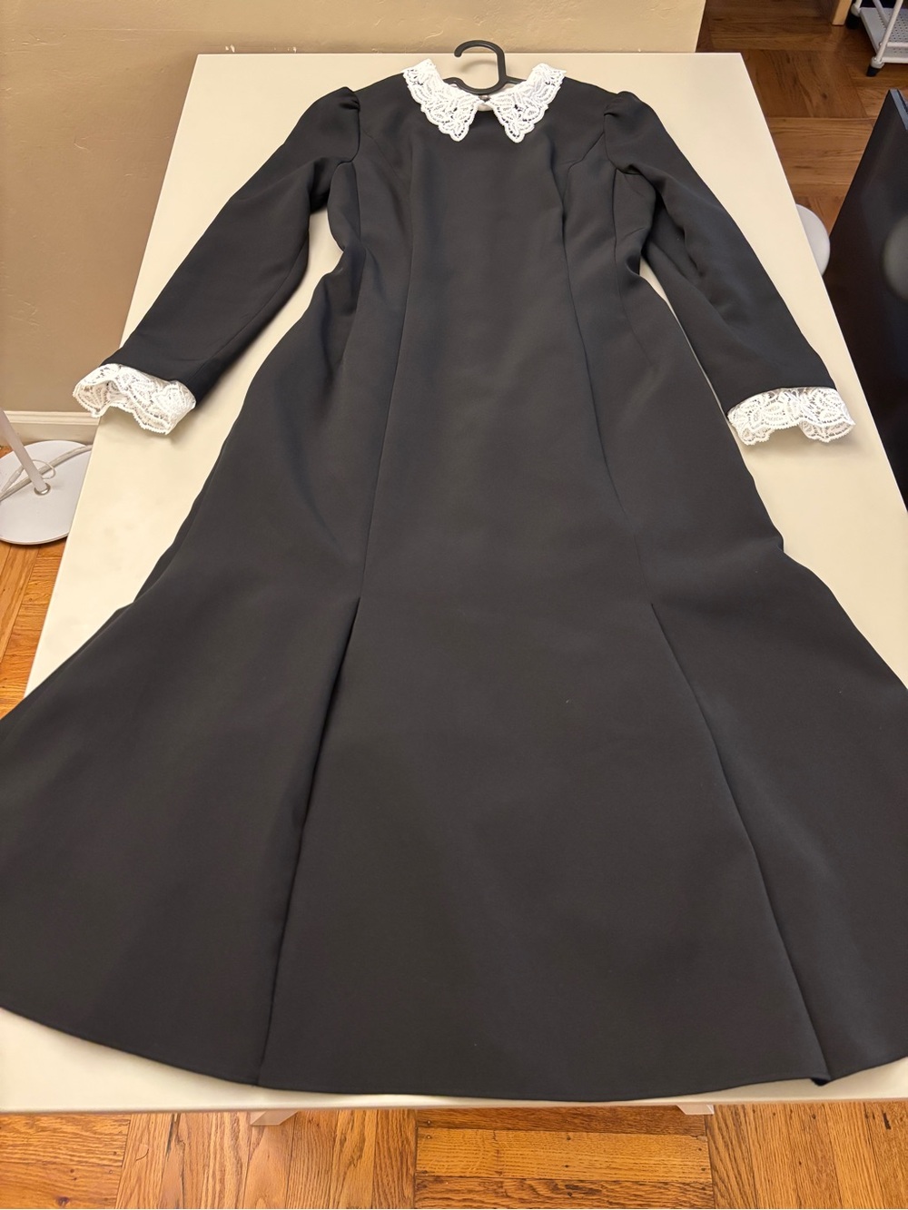 Classic Black Maxi Dress with White Lace Collar and Cuffs